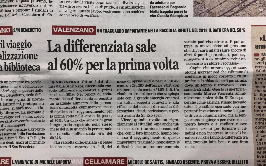 COMUNE DI VALENZANO : La Differenziata sale al 60% per la prima volta