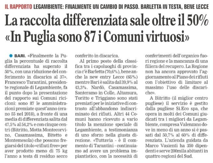 LEGAMBIENTE: La raccolta differenziata sale oltre il 50%  «In Puglia sono 87 i Comuni virtuosi»